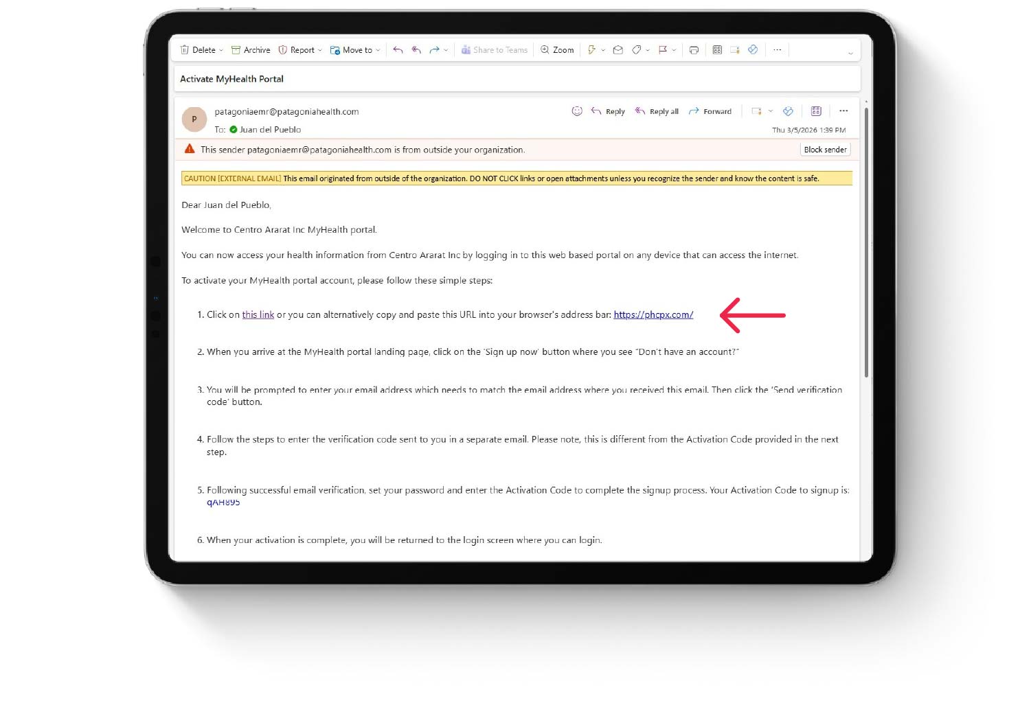 Paso 1: Una vez reciba por email la invitación a MyHealth podrá abrir el enlace al portal.